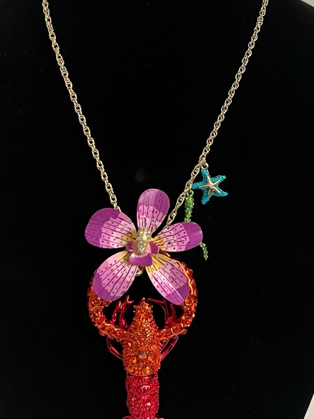 Betsey Johnson Purple, Pink & Orange Lobster Flower Pendant Necklace - Picture 14 of 16